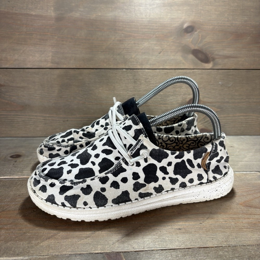 hey dude wendy womens size 6 shoes black white cow slip on comfort sneakers